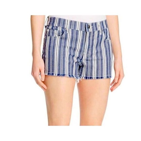 7 For All Mankind Shorts Blue & White Striped Raw Hem Stretch Denim Size 28 - Picture 1 of 7